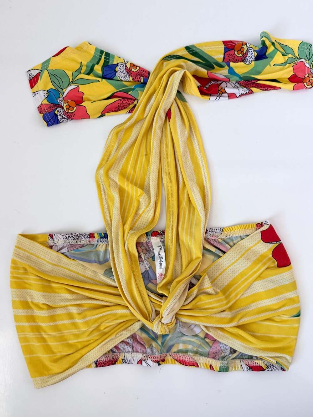 Pinklicious Yellow Tropical Floral Striped Knot-Front Halter Crop Top